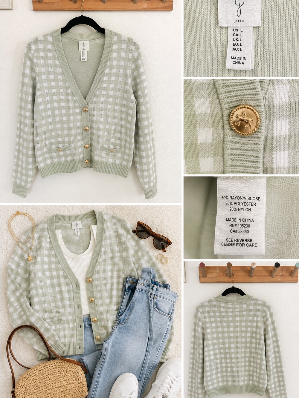Joie Sage Green Gingham Knit Cardigan Gold Crest Buttons Size Large